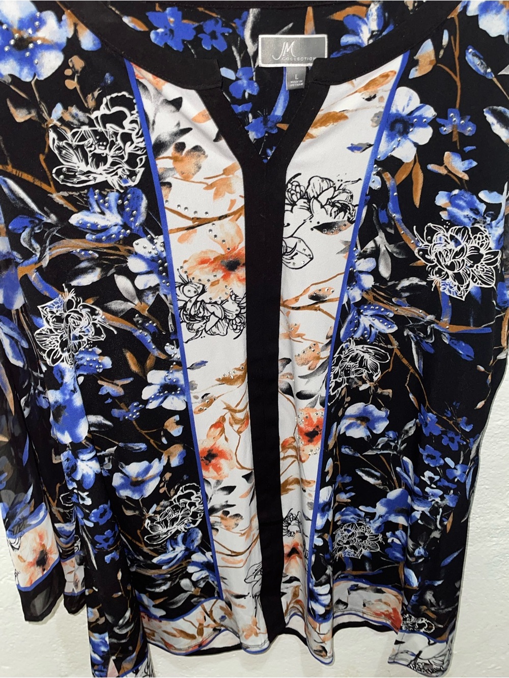 JM Collection Floral Rhinestone Split-Neck Blouse with Sheer Chiffon Sleeves - L